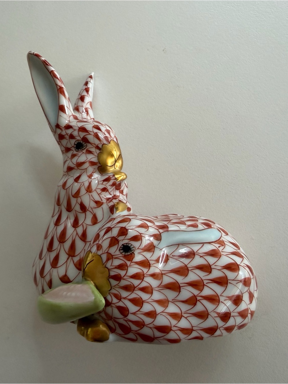 Herend Red Fishnet Porcelain Bunny with Gold Accents